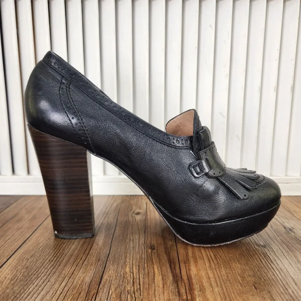 Frye Naiya Kiltie Moc Platform Pumps Womens 9.5M Black Chunky Stacked Heel Shoes